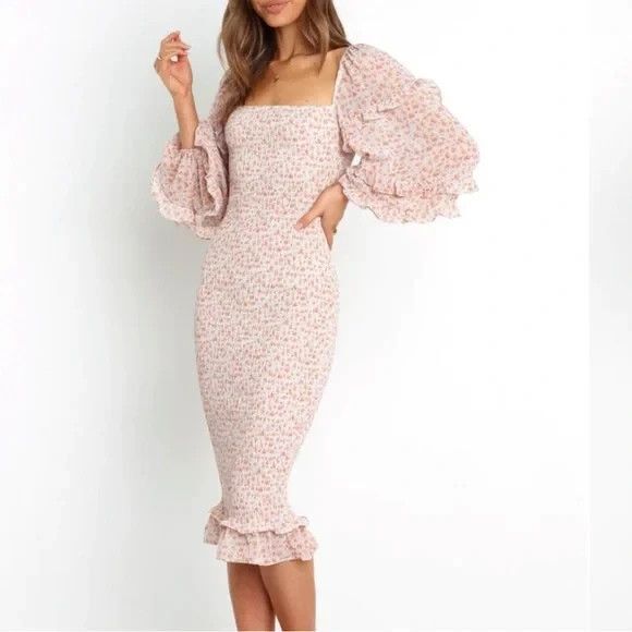 Petal and Pup Dress Womens 4 Leia Square Neck Smocked Cream Floral Midi Boho - Picture 1 of 15
